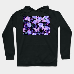 Purple Flora and Fauna Butterflies and Flowers on Black Hoodie